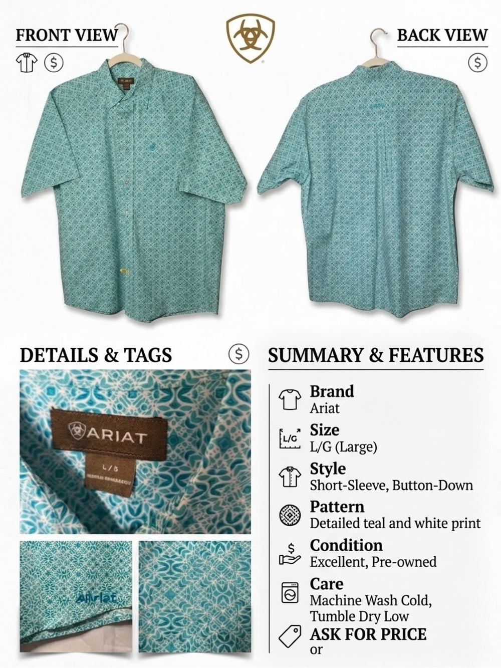 Ariat Teal and White Short-Sleeve Button-Down Shirt